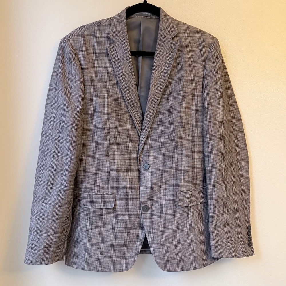 Bar III Slim Fit Linen Sports Coat Blazer 38R Burgundy Plaid Preppy Office Party